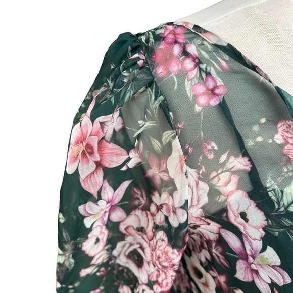 Marchesa Notte Emerald Floral Chiffon Dress Blouson Sleeve Pleated Skirt NWT - Picture 9 of 15